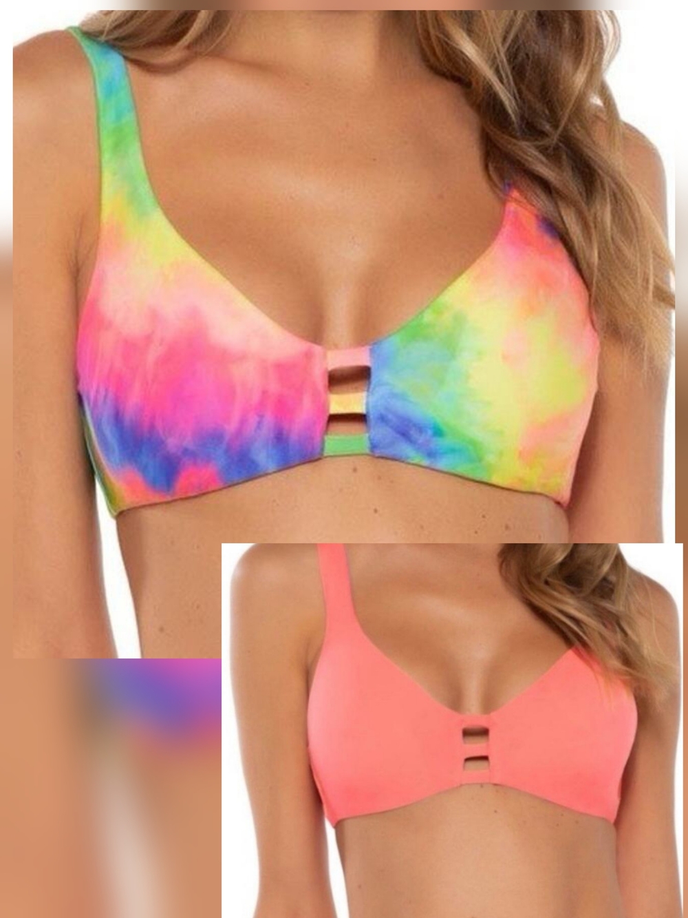 BECCA Reversible Rainbow Tie Dye Bralette Bikini Top, Small, EUC